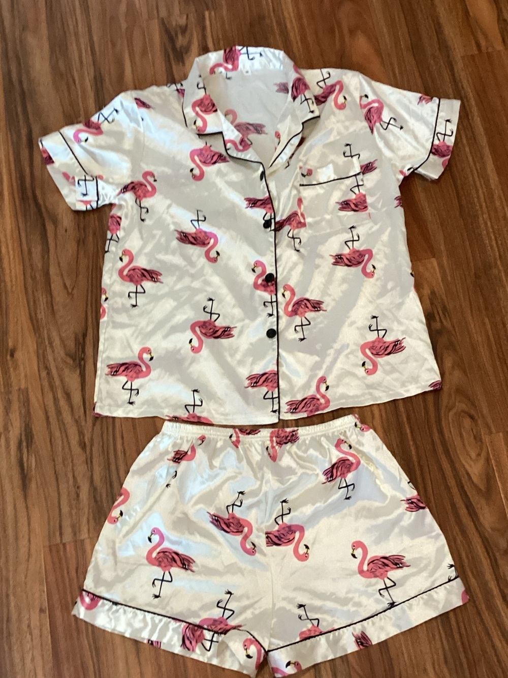 Satin Flamingo Short Pajama Set - White & Pink